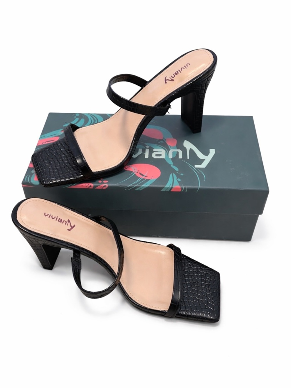 Vivianly Black Croc-Embossed Square-Toe Block-Heel Mules